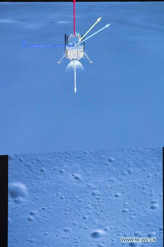 Photo taken at Beijing Aerospace Control Center (BACC) in Beijing on Dec. 1, 2020 shows the landing process of Chang'e-5 spacecraft. China's Chang'e-5 spacecraft successfully landed on the near side of the moon late Tuesday and sent back images, the China National Space Administration (CNSA) announced. At 11:11 p.m., the spacecraft landed at the preselected landing area near 51.8 degrees west longitude and 43.1 degrees north latitude, said the CNSA. During the landing process, the cameras aboard the lander took images of the landing area, said the CNSA. (Xinhua/Jin Liwang)