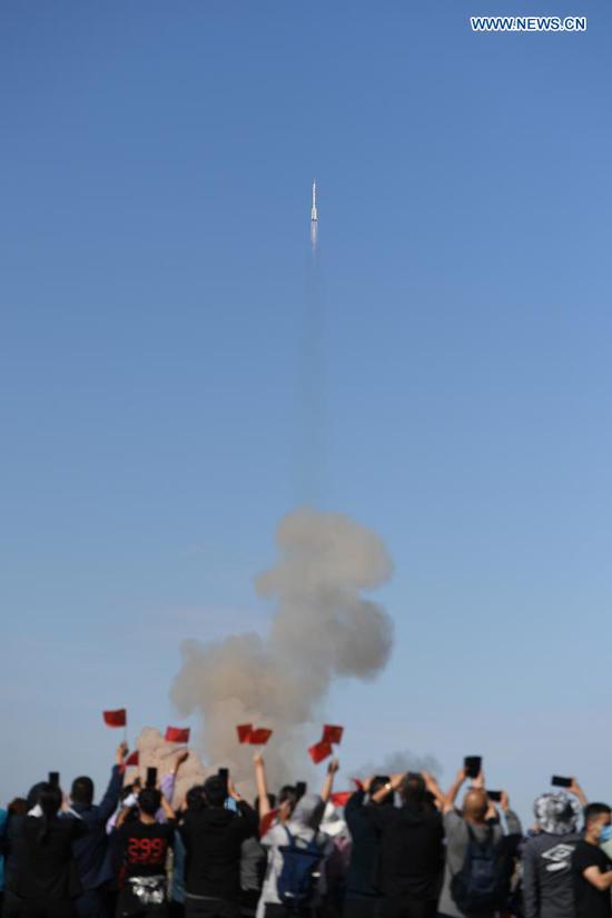 The crewed spacecraft Shenzhou-12, atop a Long March-2F carrier rocket, is launched from the Jiuquan Satellite Launch Center in northwest China's Gobi Desert, June 17, 2021. (Xinhua/Liu Lei)