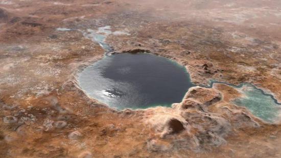 This illustration shows Jezero Crater, the landing site of the Mars 2020 Perseverance rover, as it may have looked billions of years go on Mars, when it was a lake. An inlet and outlet are also visible on either side of the lake. (Image credit: NASA)