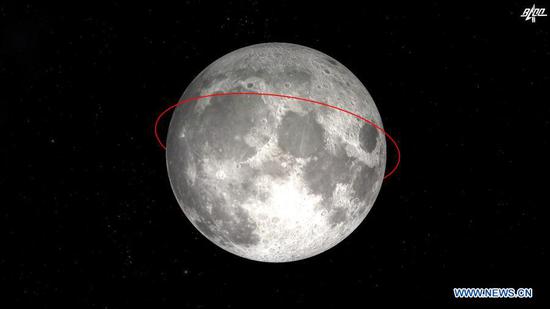 This image from video animation is provided by the Beijing Aerospace Control Center (BACC). China's Chang'e-5 probe performed braking for the second time at 20:23 p.m. Sunday (Beijing Time), according to the China National Space Administration (CNSA). After the deceleration, the probe started flying in a near circular orbit from an elliptical path around the moon, said the CNSA. (BACC/Handout via Xinhua)
