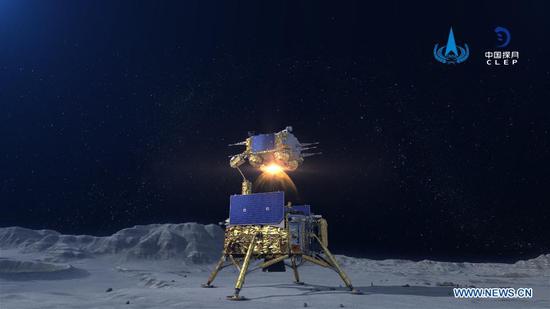 This simulated image shows Chang'e-5 spacecraft blasting off from the lunar surface. The Chinese spacecraft carrying the country's first lunar samples blasted off from the moon late Thursday, the China National Space Administration (CNSA) announced. This represented the first-ever Chinese spacecraft to take off from an extraterrestrial body. (CNSA/Handout via Xinhua)