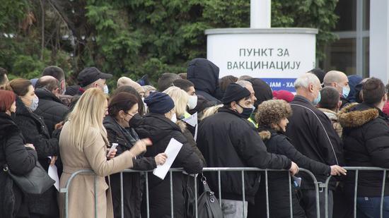 People wait to receive COVID-19 vaccines in Belgrade, Serbia on Jan. 25, 2021. (Photo by Nemanja Cabric/Xinhua)