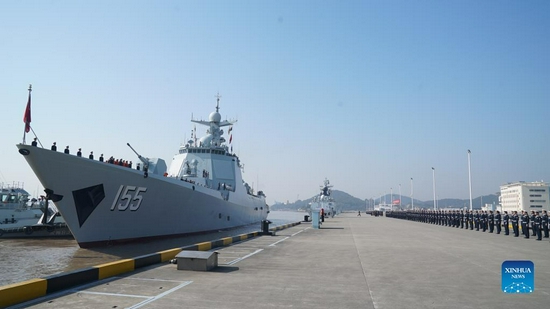 The 38th naval escort fleet returns to a military port in Zhoushan, east China's Zhejiang Province, Nov. 15, 2021. A Chinese naval fleet Monday returned to a military port in Zhoushan, east China's Zhejiang Province, after concluding escort missions in the Gulf of Aden and the waters off Somalia. (Xinhua/Li Bingxuan)