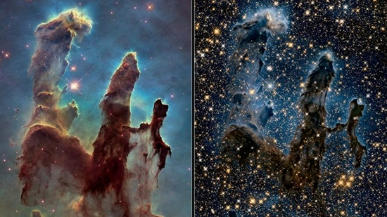 美国国家航空航天局的哈勃太空望远镜显示出创世之柱在可见光和近红外光中显得多么不同。