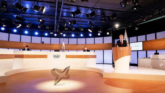 Thomas Bach makes his opening speech to the 137th Session of the International Olympic Committee (IOC), the second remote IOC Session in Olympic history, in Lausanne on March 10, 2021. (Photo courtesy of IOC/Greg Martin)