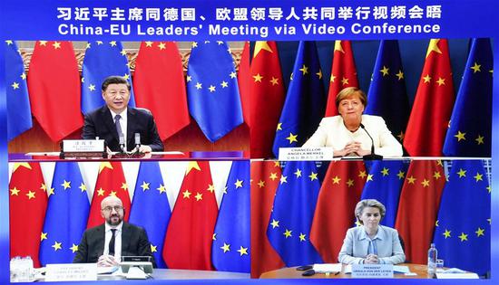 Chinese President Xi Jinping co-hosts a China-Germany-EU leaders' meeting in Beijing, capital of China, Sept. 14, 2020, via video link with German Chancellor Angela Merkel, whose country currently holds the EU's rotating presidency, European Council President Charles Michel and European Commission President Ursula von der Leyen. (Xinhua/Pang Xinglei)