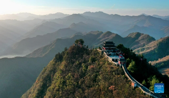 Aerial photo taken Nov. 23, 2021 shows the scenery of Miaoshanzhai scenic area in Baihe County, northwest China's Shaanxi Province. (Xinhua/Tao Ming) 