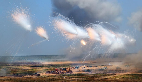 Photo taken on Sept. 12, 2021 shows a scene of the joint strategic exercise "Zapad-2021" by Russian and Belarusian armed forces at a training ground in Belarus. (Photo by Henadz Zhinkov/Xinhua)