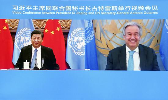 Chinese President Xi Jinping has a videoconference with United Nations (UN) Secretary-General Antonio Guterres in Beijing, capital of China, Sept. 23, 2020. (Xinhua/Liu Weibing)