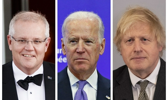 Combo photo of U.S. President Joe Biden (C), British Prime Minister Boris Johnson (R), and Australian Prime Minister Scott Morrison. (Xinhua)