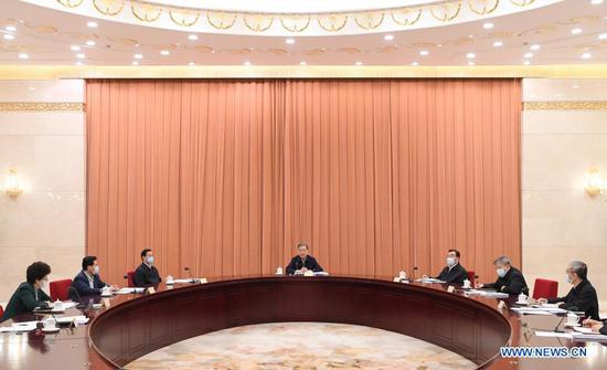 Wang Yang, a member of the Standing Committee of the Political Bureau of the Communist Party of China Central Committee and chairman of the Chinese People's Political Consultative Conference (CPPCC) National Committee, presides over a meeting of the leading Party members group of the CPPCC National Committee and delivers a speech at the meeting in Beijing, capital of China, Nov. 25, 2020. Senior Chinese political advisors met on Wednesday to study Xi Jinping Thought on the Rule of Law as well as the spirit of last week's central conference on work related to overall law-based governance. (Xinhua/Shen Hong)