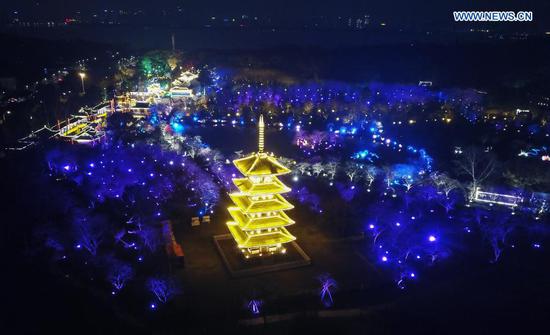 Aerial photo taken on March 3, 2021 shows a night view of cherry blossom garden by the East Lake in Wuhan, central China's Hubei Province. The cherry blossom festival kicked off in Wuhan on Wednesday, welcoming frontliners who fought in Hubei to aid local COVID-19 pandemic control efforts in 2020. (Xinhua/Cheng Min)