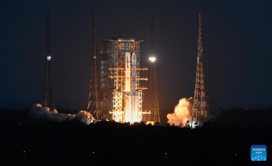 A Long March-7A rocket carrying two satellites blasts off from the Wenchang Spacecraft Launch Site in south China's Hainan Province, Dec. 23, 2021. The rocket blasted off at 6:12 p.m. (Beijing Time) at the Wenchang Spacecraft Launch Site in southern Hainan Province and soon sent Shiyan-12 01 and Shiyan-12 02 satellites into preset orbit.