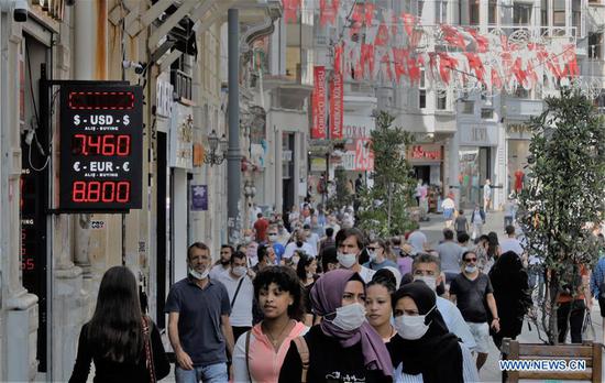 People walk past a board showing the currency exchange rates in Istanbul, Turkey, on Sept. 17, 2020. The Turkish currency dropped to a record low against the U.S. dollar on Thursday, raising concerns of high inflation and unemployment. The Turkish lira touched a low of 7.54 against one dollar, losing over 20 percent of the value against the U.S. currency since the beginning of this year. (Photo by Osman Orsal/Xinhua)