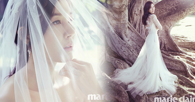 组图：38岁准新娘金荷娜婚纱写真 戴头纱纯美