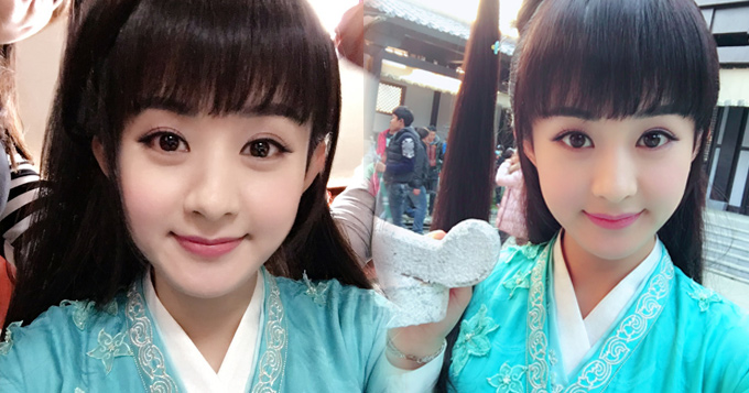 赵丽颖《诛仙》片场自拍 齐刘海水灵动人