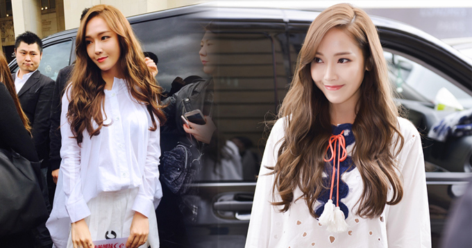 组图：Jessica郑秀妍现身巴黎时装周  白衣纯美