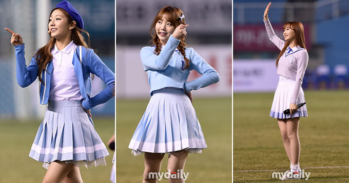 韩女团lovelyz绿茵场热舞 为国家队助威