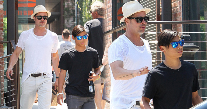 皮特与养子着亲子装外出 戴墨镜潮范十足