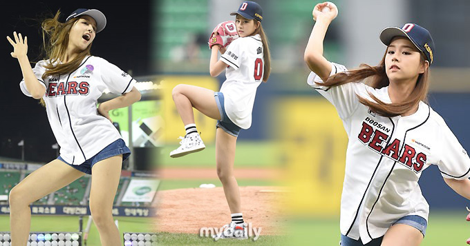 组图：韩女团LABOUM为棒球赛开球 穿短裤热舞