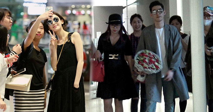 娜扎与张翰相继现身 黑裙妩媚与粉丝自拍