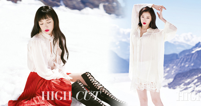 韩星雪莉登雪山拍写真 光腿坐地衣着单薄