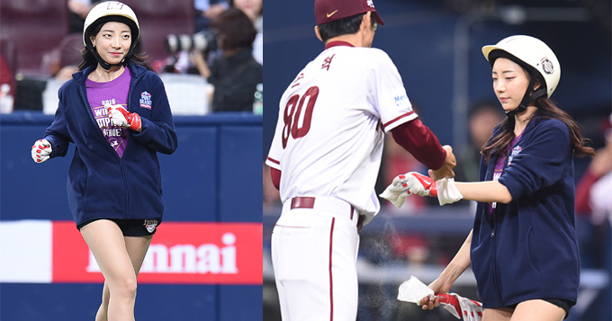 棒球场单眼皮捡球妹抢镜 美腿修长身材好