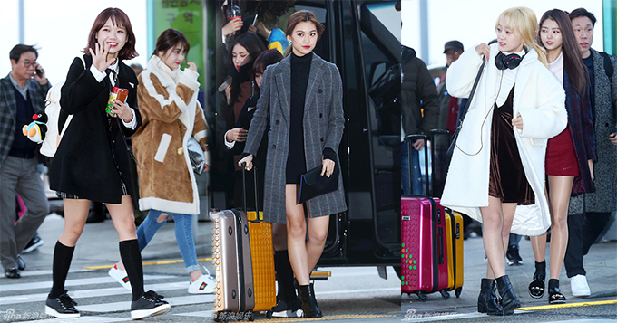 I.O.I可爱亮相机场飞香港 光腿不惧寒冷