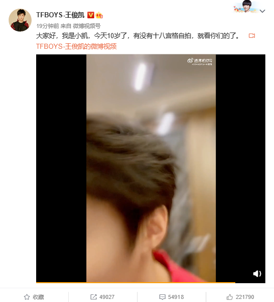 组图：王俊凯庆祝开通微博十周年 晒视频让粉丝自己截自拍图