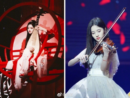 女弹琵琶冷艳唯美,鞠婧祎则穿白裙拉小提琴,眼神撩人.-组图 同