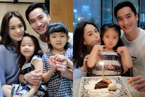阿娇与老公搂小朋友合照甜笑母爱爆棚