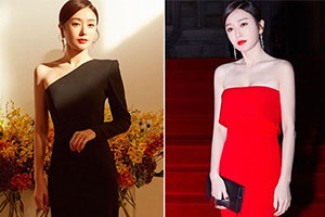 秦岚斜肩黑裙优雅红色裙性感妩媚