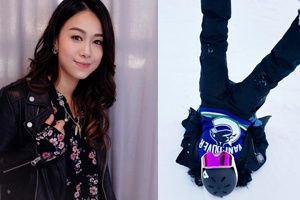 黄心颖晒滑雪照 脚踩滑雪板玩倒立