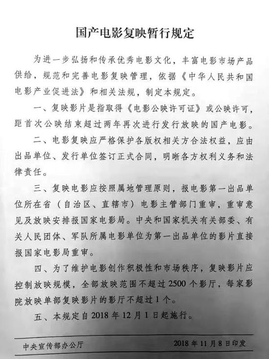 国家电影局《国产电影复映暂行规定》12月1日执行