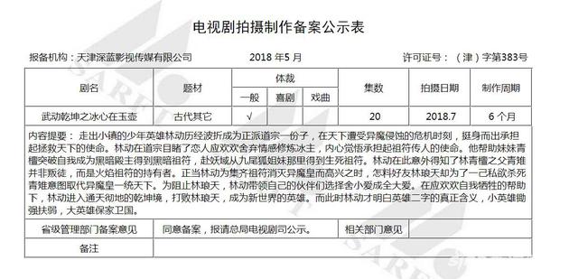 《武动乾坤之冰心在玉壶》电视剧备案表