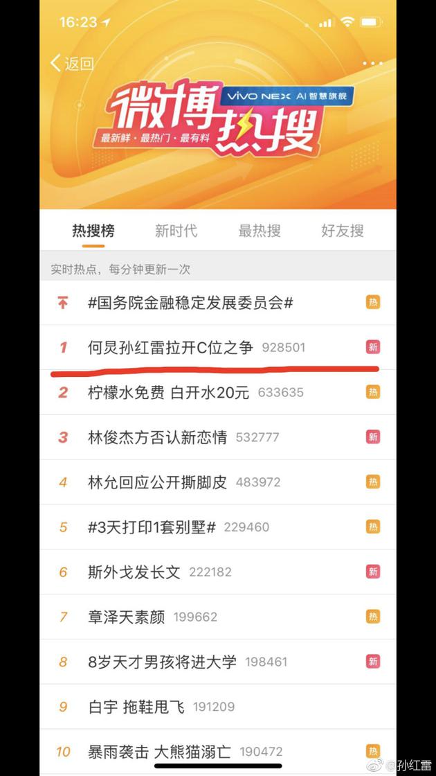 热搜榜第一是“何炅孙红雷拉开C位之争”
