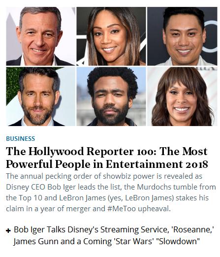 好莱坞权势榜Top100：迪士尼CEO连续三年高居榜首
