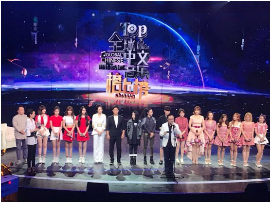 Hello Girls身穿红白演出服,在《全球中文音乐榜上榜》现场