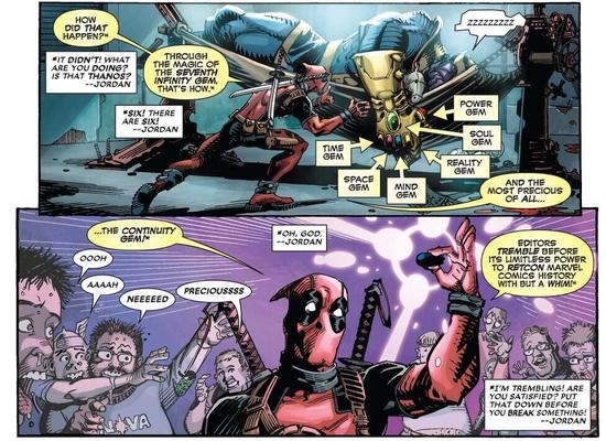 漫画中他偷了“剧情连续性宝石”(胡编出来的无限宝石),把编剧们吓坏了