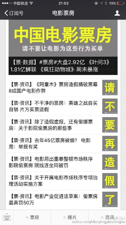 “电影票房”在公号一天连发八篇文章