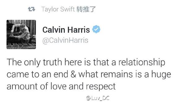 Calvin Harris发推证实与Taylor Swift恋情已结束。随后Taylor Swift也转发了该条推文。