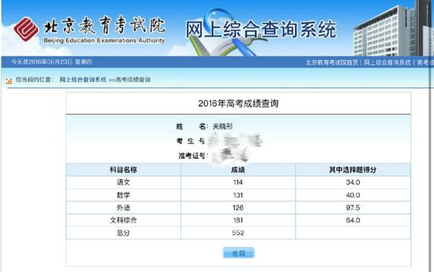 关晓彤高考成绩