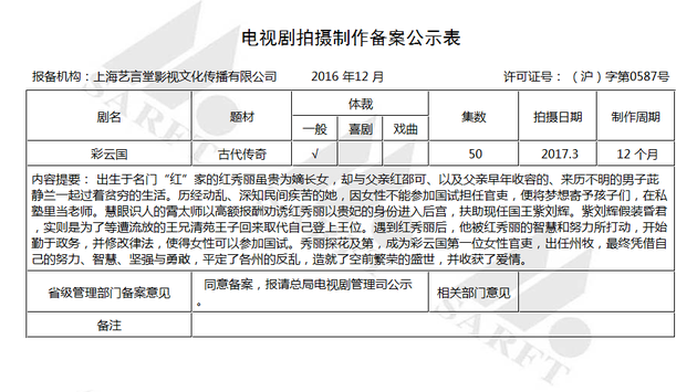 《彩云国》拍摄备案