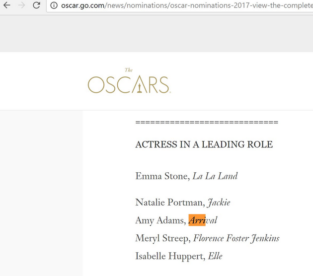 奥斯卡官网误将《降临》艾米·亚当斯算入最佳女主角提名