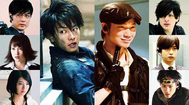 电影《亚人》演员,左侧玉山铁二、川荣李奈、浜边美波,中左佐藤健,中右绫野刚,右侧城田优、千叶雄大、山田裕贵