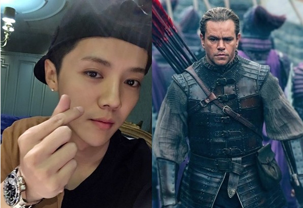 鹿晗资料图与马特·达蒙《长城》剧照