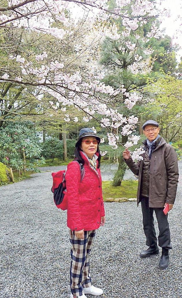 汪明荃跟罗家英哥在樱花树下拍照,她还赞樱花太漂亮了