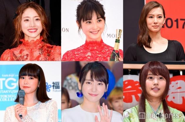 上排左起石原里美、佐佐木希、北川景子，下排左起桐谷美玲、新垣结衣、有村架纯