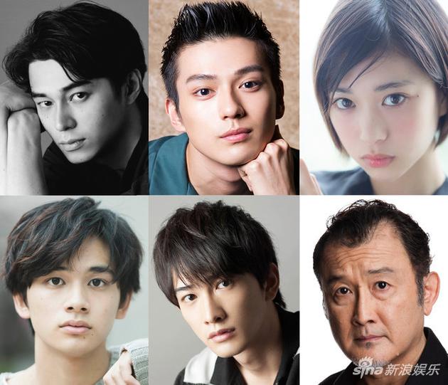 电影《OVER DRIVE》演员，上排左起东出昌大、新田真剑佑、森川葵，下排左起北村匠海、町田起太、吉田钢太郎