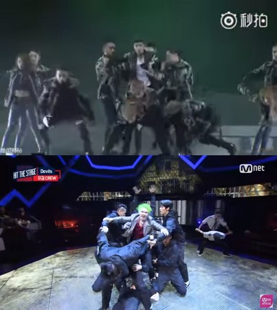 王源（上）和U-Kwon（下）舞蹈对比图